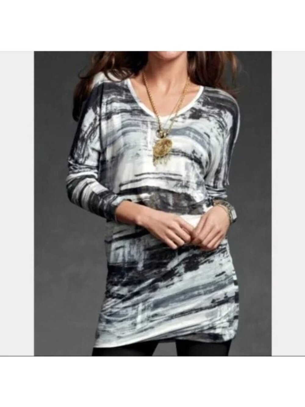 Cabi Paint Brush Small Long Sleeve V-Neck Abstract Print Tunic In Black & White